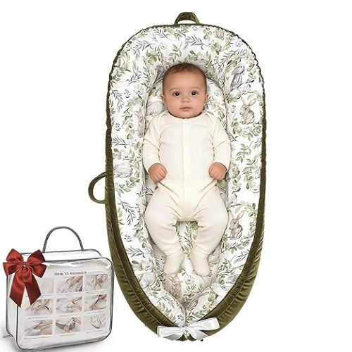 Baby Lounger-Breathable and Soft Organic 100% Cotton, Portable Infant Lounger with Removable Lounger Cover, Baby Nest Lounger for Newborn - Green Rabbit