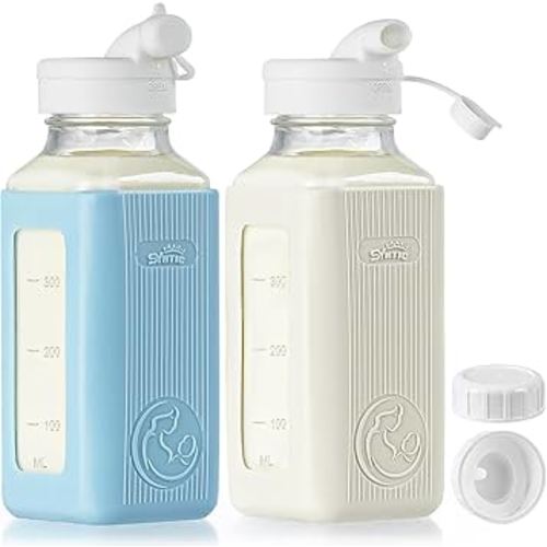 Syntic 2 Pack 16 Oz Glass Breastmilk Storage Bottle with Airtight Lids & 2 Pour Spouts, Milk Storage Containers for Fridge with Clear Scales - Day/Night Milk Collection Bottles with Protective Case