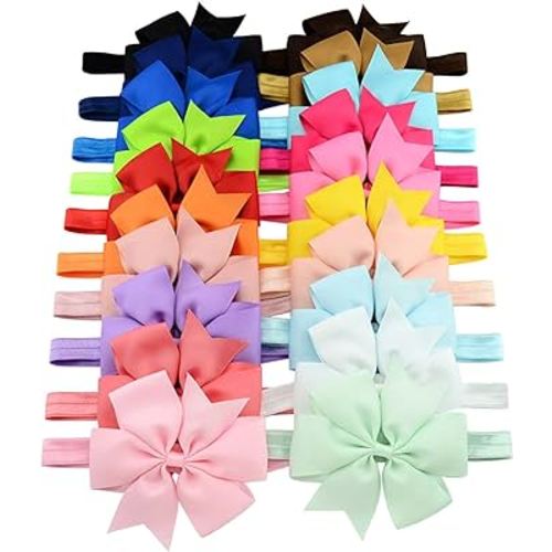 MEKBOK HAIRBAND 20 Packs Baby Nylon Headbands for Kids, Soft Knot Headbands with Hair Bows, Baby Essentials to Hair - Baby Girl Clothes for Headhand, 20 Pieces
