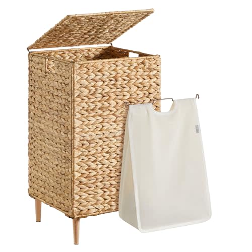 SONGMICS Laundry Hamper, 25 Gal. (95 L) Handwoven Water Hyacinth Wicker Laundry Basket with Lid, Natural Material, Removable Machine Washable Liner, Handles, Natural ULCB201Y01