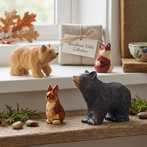 The Woodland&Wilds Collection|Hand Carved Wooden Forest Animal Figurines|Bear Fox Bunny Woodland Decor|Waldorf Montessori Nature Shelf Decor