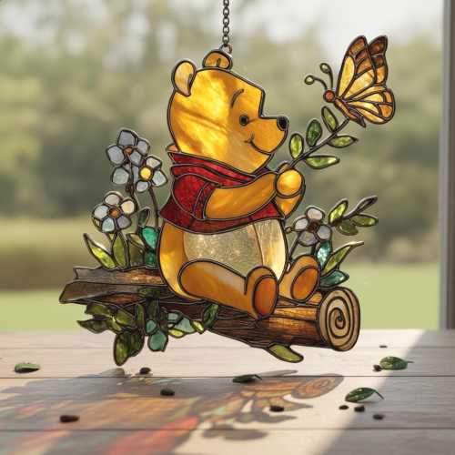 Winnie The Pooh Stained Glass Suncatcher, Faux Acrylic Window Hanging, Disney Bear And Butterfly Decor, Kids Room Gift