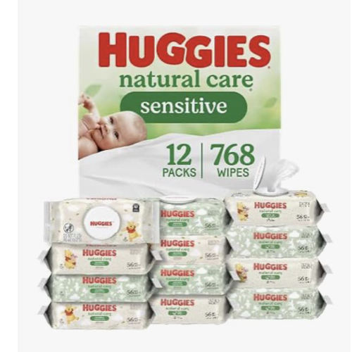 Huggies Natural Care Sensitive Baby Wipes, Unscented, Hypoallergenic, 99% Purified Water, 12 Flip-Top Packs (768 Wipes Total)