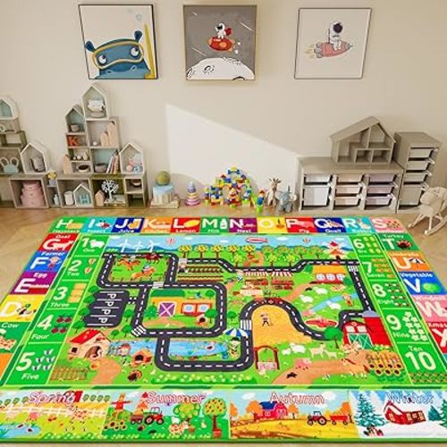Kids Rug ABC Farm Play Mat for Toy Cars, 59"×39.4" Farm Life Road Traffic for Playroom Kids Car Road Rugs Village Map Play Mat Non-Slip Washable Play Rug for Toddlers Boys Room Playtime