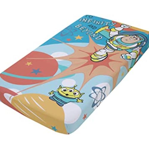 Disney Toy Story Buzz Lightyear Blue and Orange Blast Off to Infiniti and Beyond 100% Cotton Photo Op Fitted Crib Sheet
