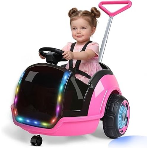 ANPABO 3-in-1 Electric Push Ride On Car, 12V Kids Ride On Toy w/Remote Control, 360° Spin, 5-Point Safety Belt, Colorful LED Light, Music Player, Push Car for Toddler Ages 1-3 (Pink)
