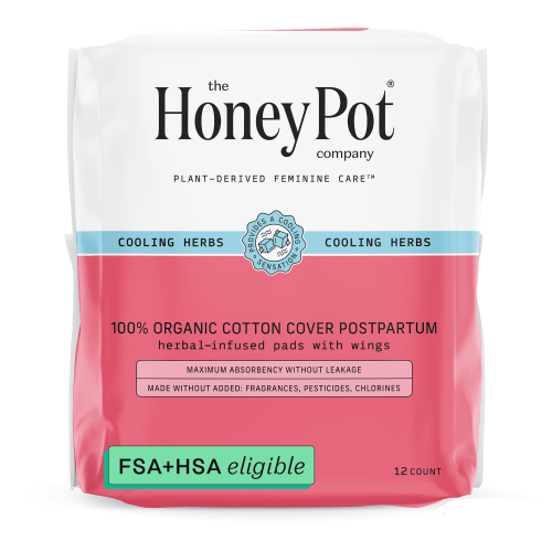 Honey Pot 100% Organic Cotton Cover Cooling Herbal Infusion Postpartum Pads, 12 Count