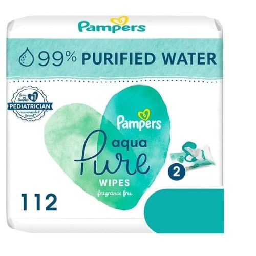 Aqua Pure Baby Wipes Unscented, 99% Pure Water, 2 Pack 112 Total Count, Skin-Loving, Unscented, 0% Alcohol, Fragrance, Parabens, And Latex