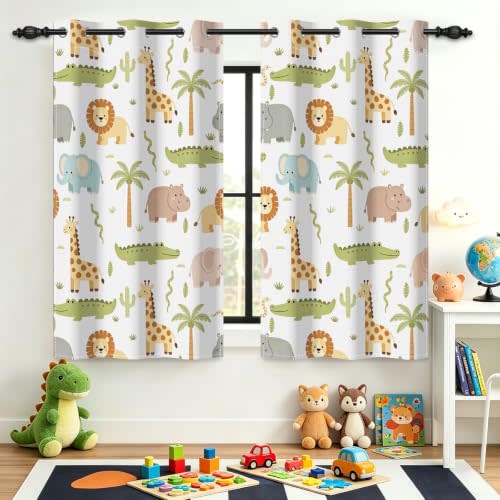 Safari Jungle Wild Animals Kids Blackout Curtains, Cartoon Woodland Lion Giraffe Elephant Grommet Window Curtain, Cute Printed Room Darkening Curtains for Baby Nursery Room 42x63 Inch Set of 2