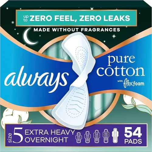 Always Pure Cotton Feminine Pads for Women, FlexFoam Pads with Wings, Size 5, Extra Heavy Overnight Absorbency, Unscented, 54 Count (3 Packs of 18)