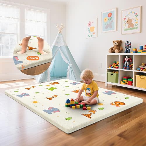 Thick Baby Play Mat for Floor - 71x79 Inch Ultra Soft Playpen Mattress with Animal Print & Removable Coral Fleece Cover - Non Slip Padded Crawling Rug for Toddlers, Infants, Babies - Beige