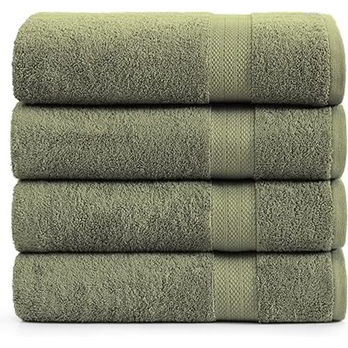 LANE LINEN 4 PCs Bath Towels Set (28"x54") - 100% Ring Spun Cotton Bathroom Towels Set - Quick Dry, Ultra Soft & Absorbent, Durable Large Bath Towels - Tumble Dry Regains Fluffiness - Oil Green