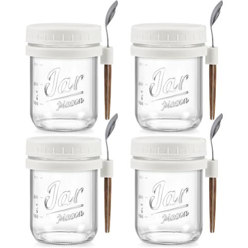 LANDNEOO 4 Pack Overnight Oats Containers with Lids and Spoons, 16 oz Glass Mason Jars with Airtight Lids, Overnight Oats Jars for Milk, Cereal, Fruit-White