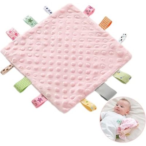 Baby Security Blanket Lovey Soft Comforter Appease Towel Sleep Toy with Colorful Tags for Girls, Pink