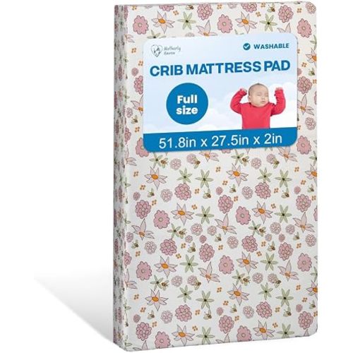 Motherly Haven Breathable Crib Mattress Pad, Washable High Rebound Foam Mattress Topper for Baby Cribs, Fits Standard Toddler Beds, Full Size (51.8" L x 27.5" W x 2" H), Flower Design