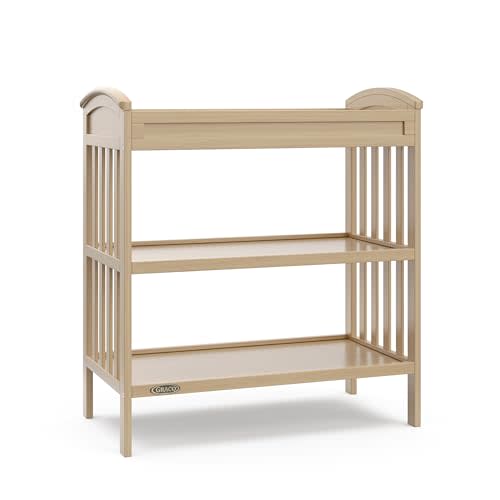 Graco Benton Changing Table with Bonus Water-Resistant Changing Pad (Driftwood) - GREENGUARD Gold Certified, Includes Diaper Change Pad with Safety Strap, 2 Open Storage Shelves for Organizing