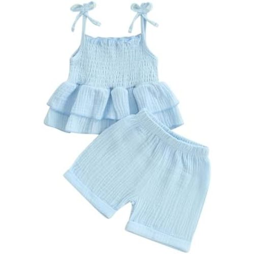 Toddler Girl Summer Clothes Baby Girl Smocked Ruffle T Shirt Top Short Set Little Kids Girl Outfit Beach Essential