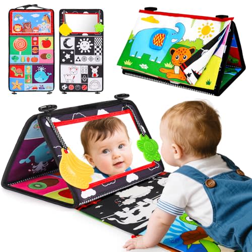 Basytodio Baby Mirror Tummy Time Toys 0-6 Months with Crinkle Cloth Books Infant High Contrast Newborn Sensory Black and White Toy for 0-3 4 5 6 Months Must Haves Babies 3-6 6-12 Month Boy Girl