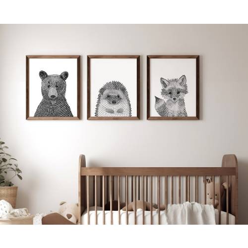 Modern Black and White Woodland Animals Nursery and Childs Room Fine Art Prints