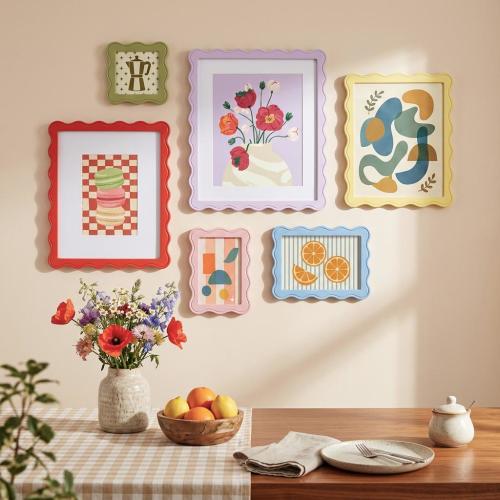 Colorful Wavy Picture Frames Set, Pastel Wall Gallery Frames, Vintage Floral Art Frames, Aesthetic Modern Wall & Tabletop Decor (Single/Set)
