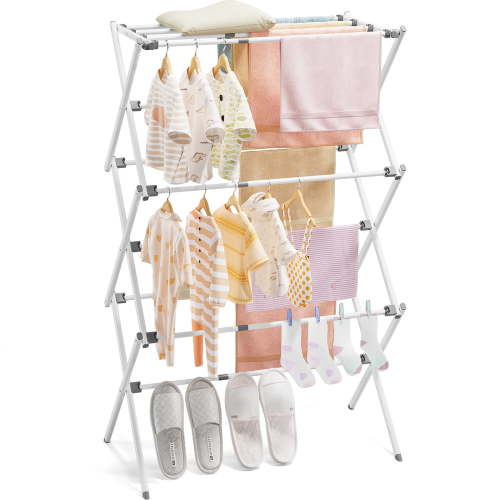 KK KINGRACK Clothes Drying Rack, 3-Tier Collapsible Steel Laundry Rack, Expandable Clothes Dryer, White, 35.43 in