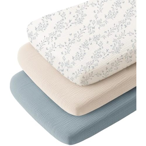 Konssy 3 Pack Muslin Bassinet Sheets for Baby Girls Boys, 33"x21"