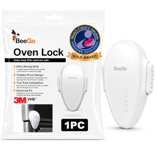 BeeGo Oven Lock Child Safety, Heat Resistant No Drill Baby Proof Door Latch | Fits stove and microwave, self-adhesive 3M pad, one-hand adult open, toddler and pet safe, removable no residue