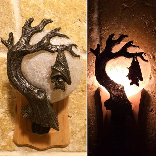 Hanging Bat Nightlight, Hand Painted Resin Sculpture | Victorian Gothic Night Light |  Bat and Moon Lighting for Gothic Fantasy Home Decor