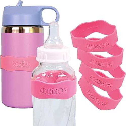 InchBug Orbit Labels Baby Bottle and Water Bottle Silicone Name Bands – Personalized Reusable Label Set for Daycare, Sippy Cups, Preschool, Elementary School, Dishwasher Safe, 4-Pack (Bubblegum Pink)