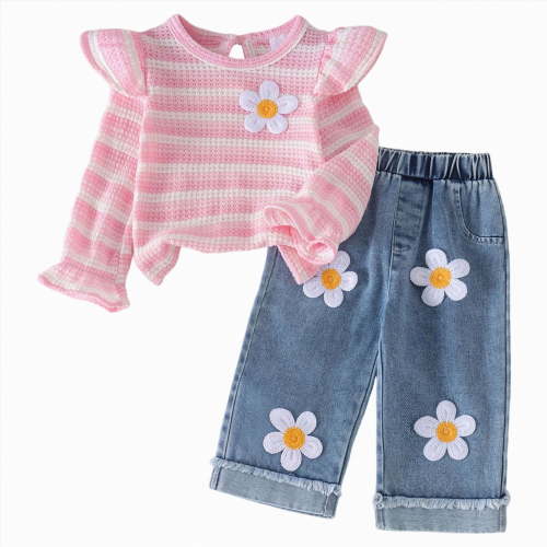 Enyan Toddler Baby Girl Clothes Fall Winter Baby Girl Outfit Cute Floral Crewneck Sweater Jeans Set 2-Piece
