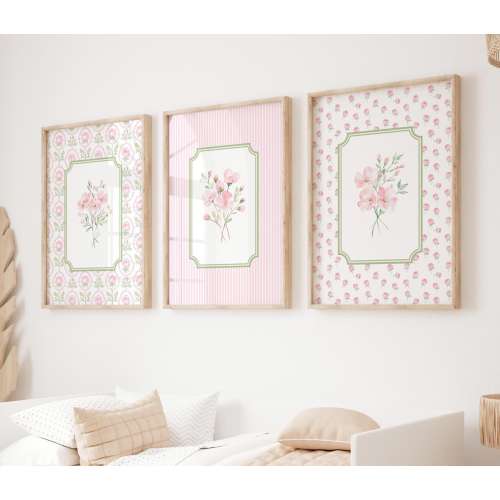 Set of 3 Floral Nursery Print, GrandMillenial Baby Girl Room Decor, Floral Wall Art, Botanical Print Set, Pink Green Decor, Livingroom Print