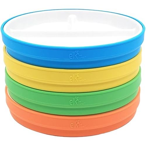 Elk and Friends Kids 7.8” Porcelain White Plates with Silicone Sleeves | Divided Plates | Suitable for Kids/Toddlers | Microwave & Dishwasher Safe | Non Slip | Snack Dishes…