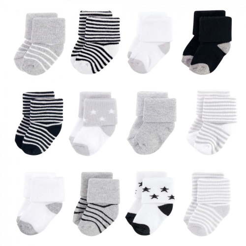 Hudson Baby Infant Unisex Cotton Rich Newborn and Terry Socks, Gray Black Stars, 0-6 Months