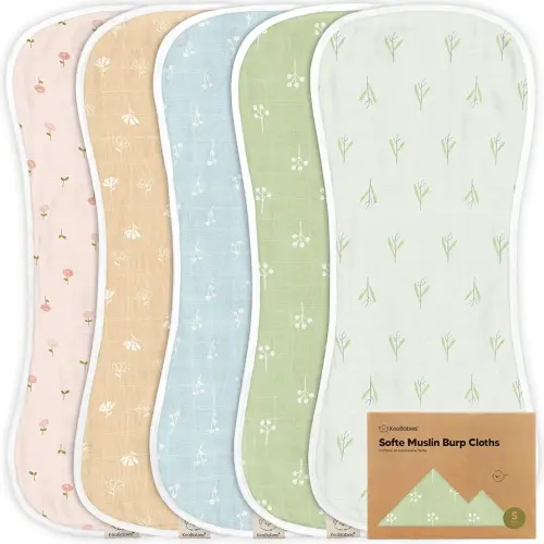 5-Pack Muslin Burp Cloths Baby Boy, Girl - Very Absorbent Baby Burp Cloth Rags, 8-Layers Viscose Derived from Bamboo Cotton Muslin Towel, Super Soft Spit Up Rags, No Shrink Washcloths (Wild Bloom)
