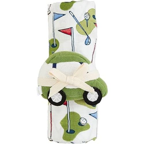 Mud Pie Kids Golf Swaddle and Rattle Set; Swaddle 47" X 47" | Rattle 3" X 4 1/2"