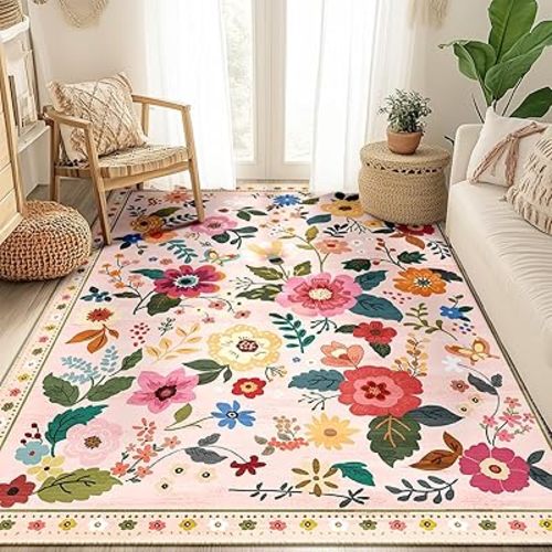 Floral 5x7 Area Rug Machine Washable Soft Print Boho Carpet Non Slip Doormat Low Pile Flower Area Rugs for Living Room Bedroom Nursery Kitchen Dining Room Indoor-Pink