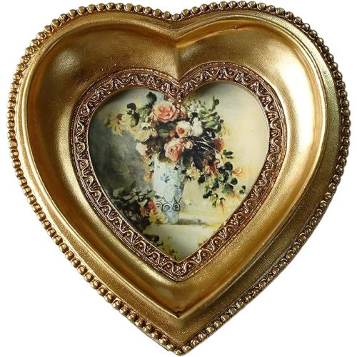 Vintage 2.5X2.5 Mini Picture Frame - Antique Gold Embossed Design, Elegant Tabletop and Wall Mount Display for Cherished Photo Home Decor (Gold Heart)