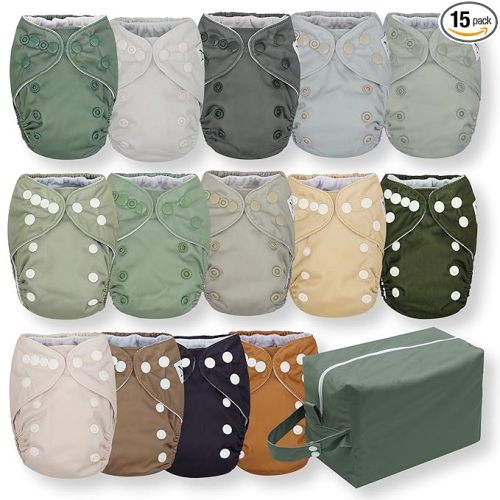 Nora's Nursery Newborn All-in-One Cloth Diaper 14-Pack with Diaper Pod for Clean Storage - Waterproof, Washable, Reusable, and Adjustable for Babies Under 12lbs - Evergreen