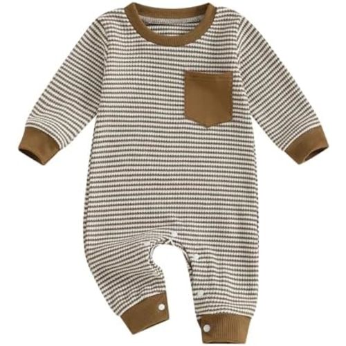 VISGOGO Newborn Infant Baby Boy Waffle Cotton Romper Clothes Onesie Stripe Jumpsuit 0 3 6 12 18 Months Long Sleeve Outfits