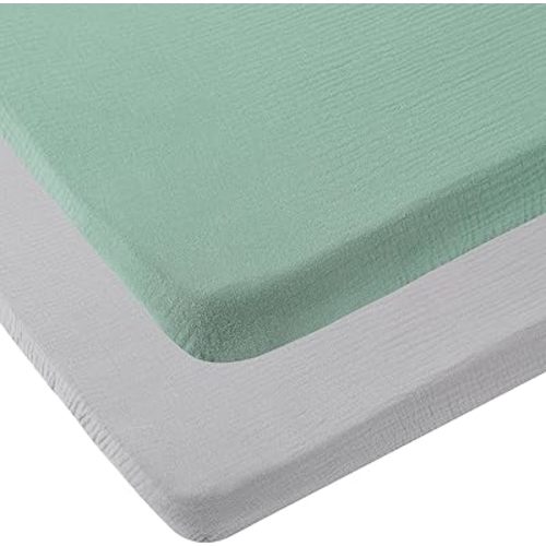 Onacosht Muslin Mini Crib Sheets, 39" x 27" Pack and Play Mattress Sheets Fitted for Pack N Play, Soft Cotton for Boys Girls, 2 Pack, Grey and Green