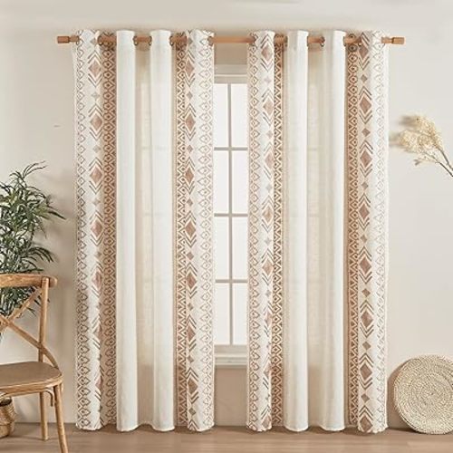 Boho Curtains 63 Inches Long 2 Panels Set for Living Room Cream Linen Embroidered Curtains Bohemian Window Curtains for Rustic Farmhouse Decor Grommet Window Treatment 52x63 Inch, Taupe On Ivory