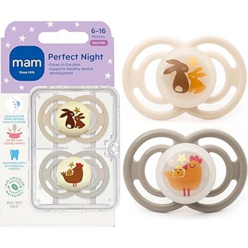 MAM Perfect Baby Premium Pacifier 6-16 Months, Extra Thin Nipple, Developed with Orthodontists, Clinically Proven, Glows in The Dark, BPA-Free Silicone, 2 Pack, Made in Europe