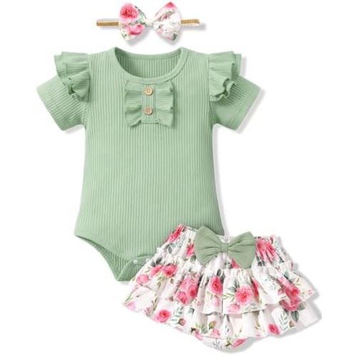 HONGTEYA Infant Baby Girl Clothes Newborn Summer Outfits Cute Romper Shorts Set Floral Girl Clothes with Headband