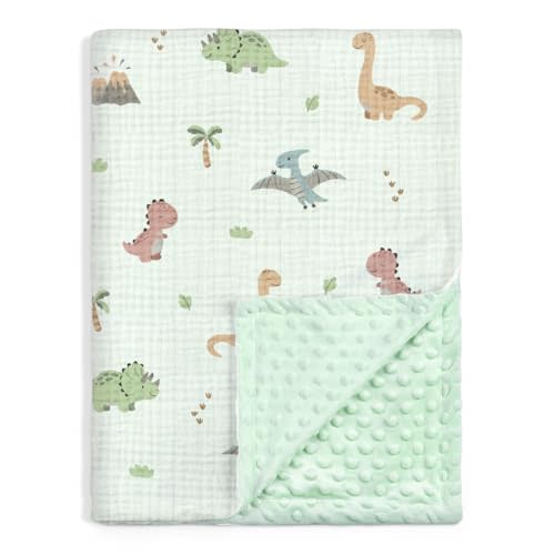 SANDJEST Dinosaur Minky Muslin & Dotted Blanket 30x40 in Gift for Holiday, Gender Reveal Party, Hospital Visit, Baptism