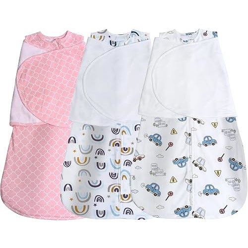 Baby Sleep sack Swaddle,Swaddles 3-6 Months,3-Way Adjustable Wearable Transition Blanket 100% Organic Cotton 3-Piece,12-18 lbs,1.0 TOG(Car&Rainbow&Pink)