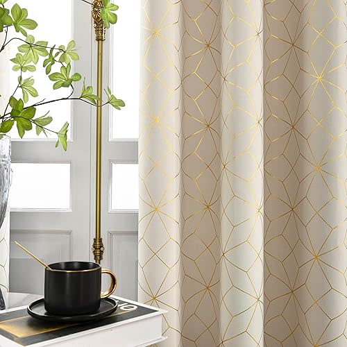 Beauoop 100% Blackout Curtains 84 Inches Long for Bedroom Living Room Moroccan Gold Patterned Drapes Thermal Insulated Grommet Top Window Treatment Panels Set of 2, Beige/Gold