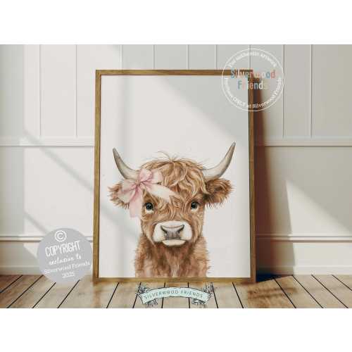 Baby Girl Highland Cow Nursery Print, Baby Girl Highland Cow Bow Nursery Decor, Western Cowgirl Country Farm Animal Nursery Digital Print