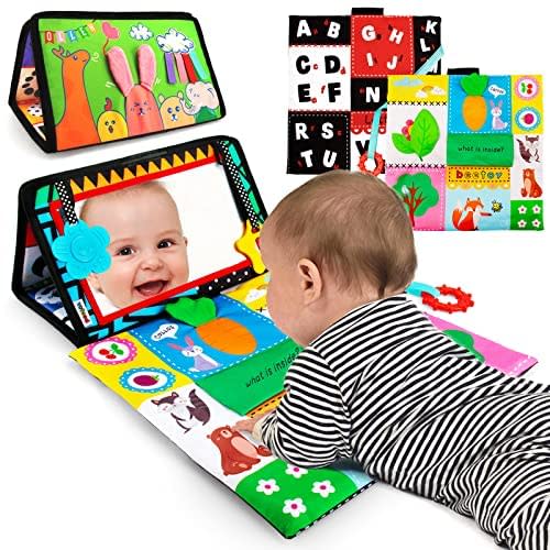 beetoy Tummy Time Baby Floor Mirror Toys with Black and White Pattern, Double High Contrast Play Activity Mat Crinkle Toys Foldable Baby Mirror Development Toys for Newborn Infants