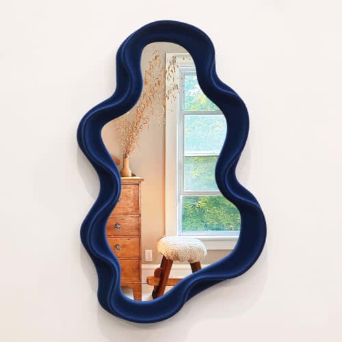 Irregular Wall Mirror Living Room Decor, Decorative Wavy Funky Mirrors with Flocking Touch, Modern Asymmetrical Mirror for Hallway Entryway Staircase Bathroom Bedroom (Dark Blue)