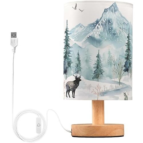 Table Lamp Watercolor Winter Forest Tree Animal Mountain Bear Deer Owl Nightstand Lamp with Wood Base Fabric Lamp Shade Bedside Desk Lamp for Living Room Bedroom Kids Room Office